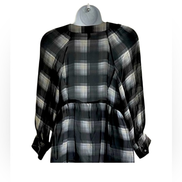 BCBGMaxAzria Black and White Plaid Long Sleeve Silk Blouse - Picture 3 of 8
